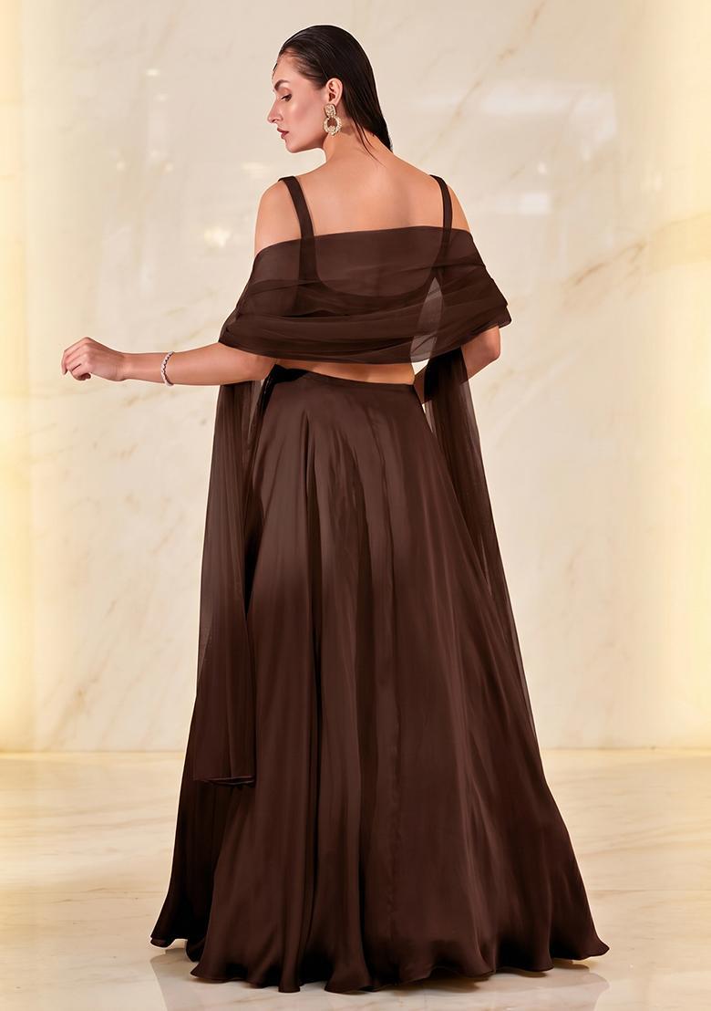 Brown Embroidered Handwork Lehenga Set - Indya