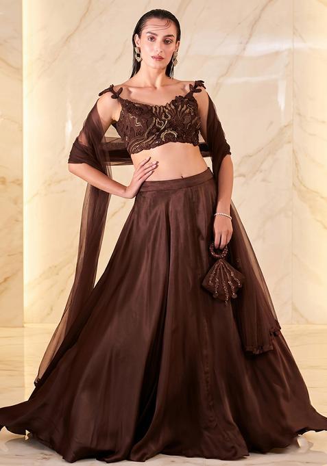 Brown Embroidered Handwork Lehenga Set