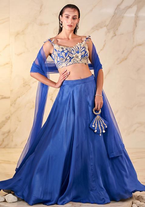Dark Blue Embroidered Handwork Lehenga Set