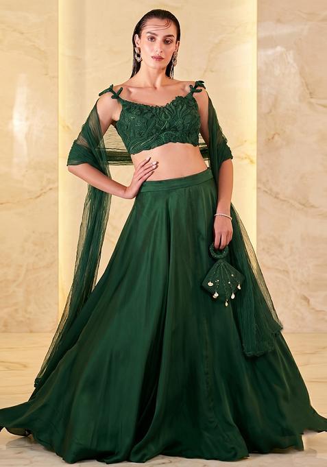 Dark Green Embroidered Handwork Lehenga Set