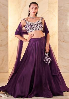 Plum Embroidered Handwork Lehenga Set