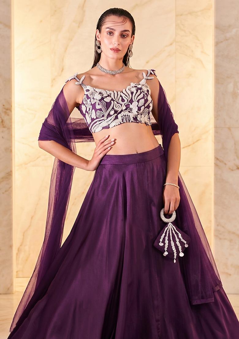 Plum Embroidered Handwork Lehenga Set - Indya