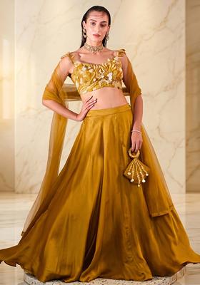 Mustard Yellow Embroidered Handwork Lehenga Set