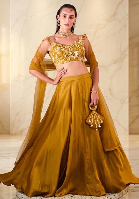 Mustard Yellow Embroidered Handwork Lehenga Set