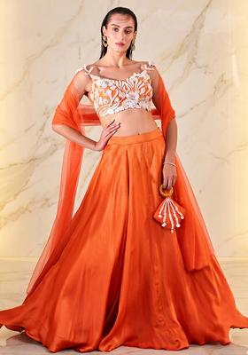 Orange Embroidered Handwork Lehenga Set