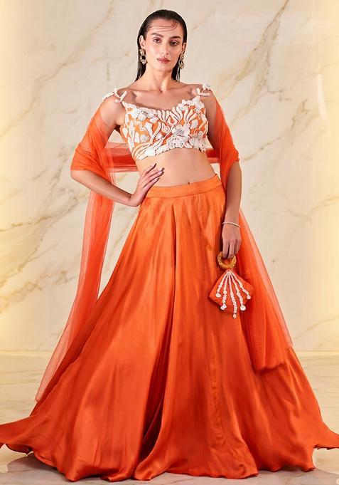 Orange Embroidered Handwork Lehenga Set