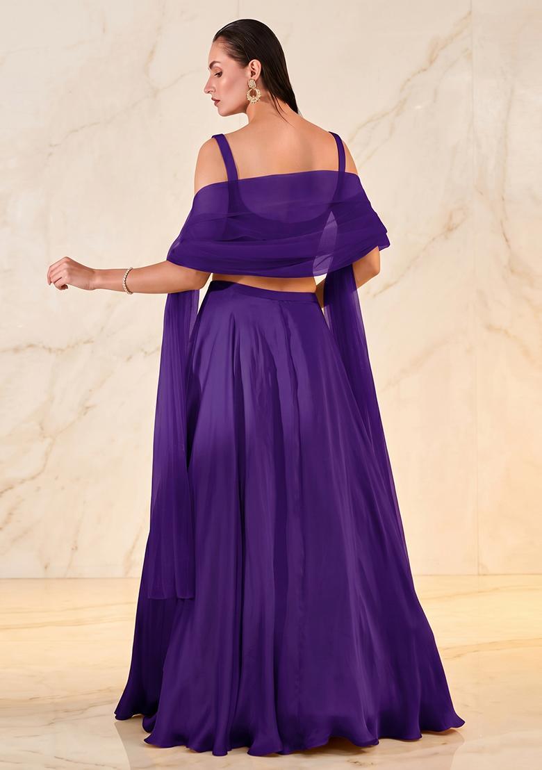Dark Purple Embroidered Handwork Lehenga Set - Indya
