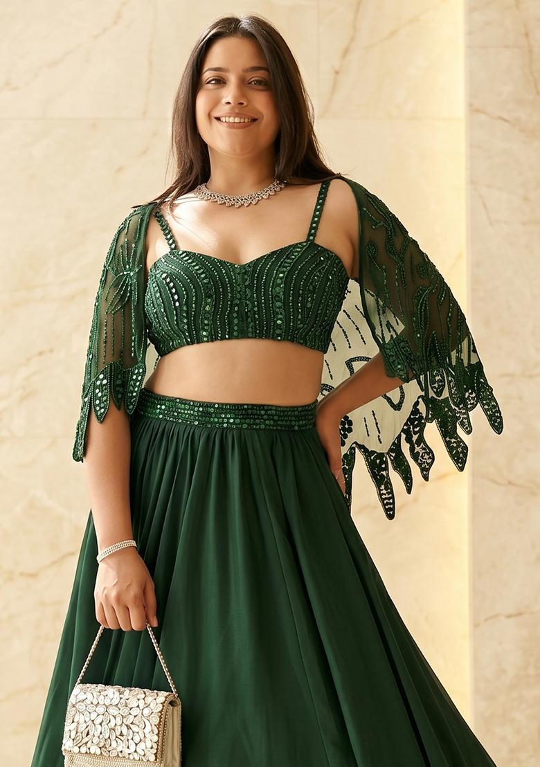 Dark Green Embroidered Handwork Lehenga Set - Indya