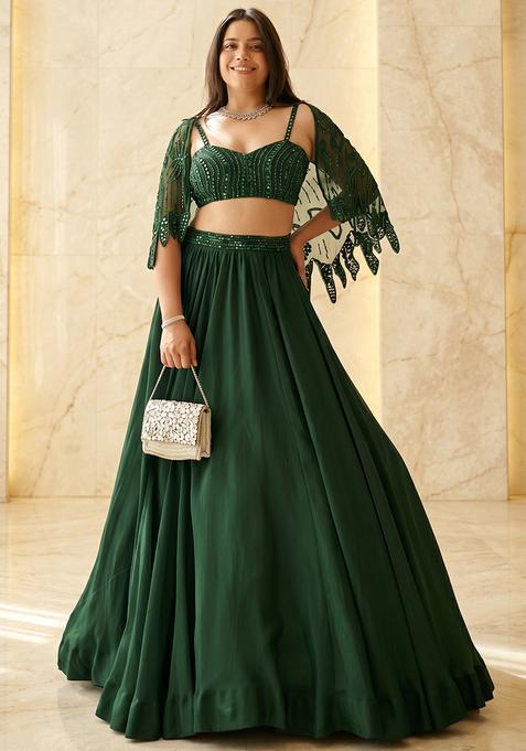 Dark Green Embroidered Handwork Lehenga Set