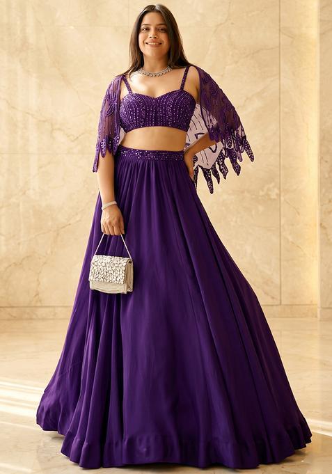 Dark Purple Embroidered Handwork Lehenga Set