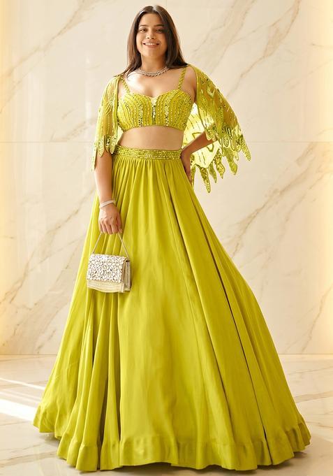Lime Green Embroidered Handwork Lehenga Set