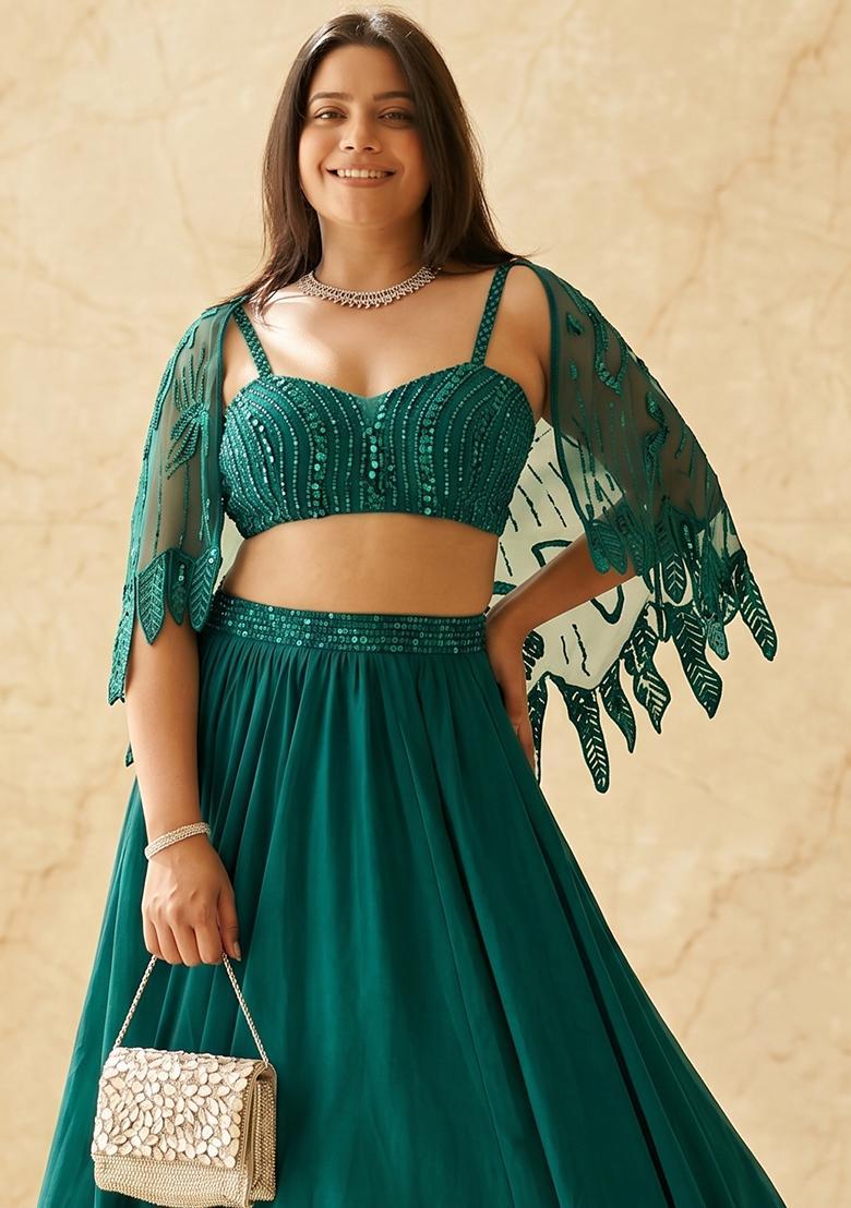 Deep Teal Embroidered Handwork Lehenga Set - Indya