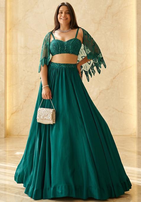 Deep Teal Embroidered Handwork Lehenga Set