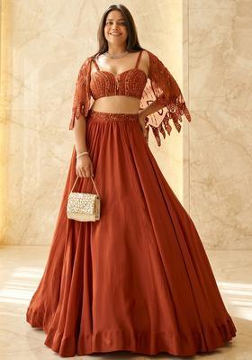 Burnt Orange Embroidered Handwork Lehenga Set