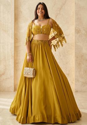 Mustard Yellow Embroidered Handwork Lehenga Set