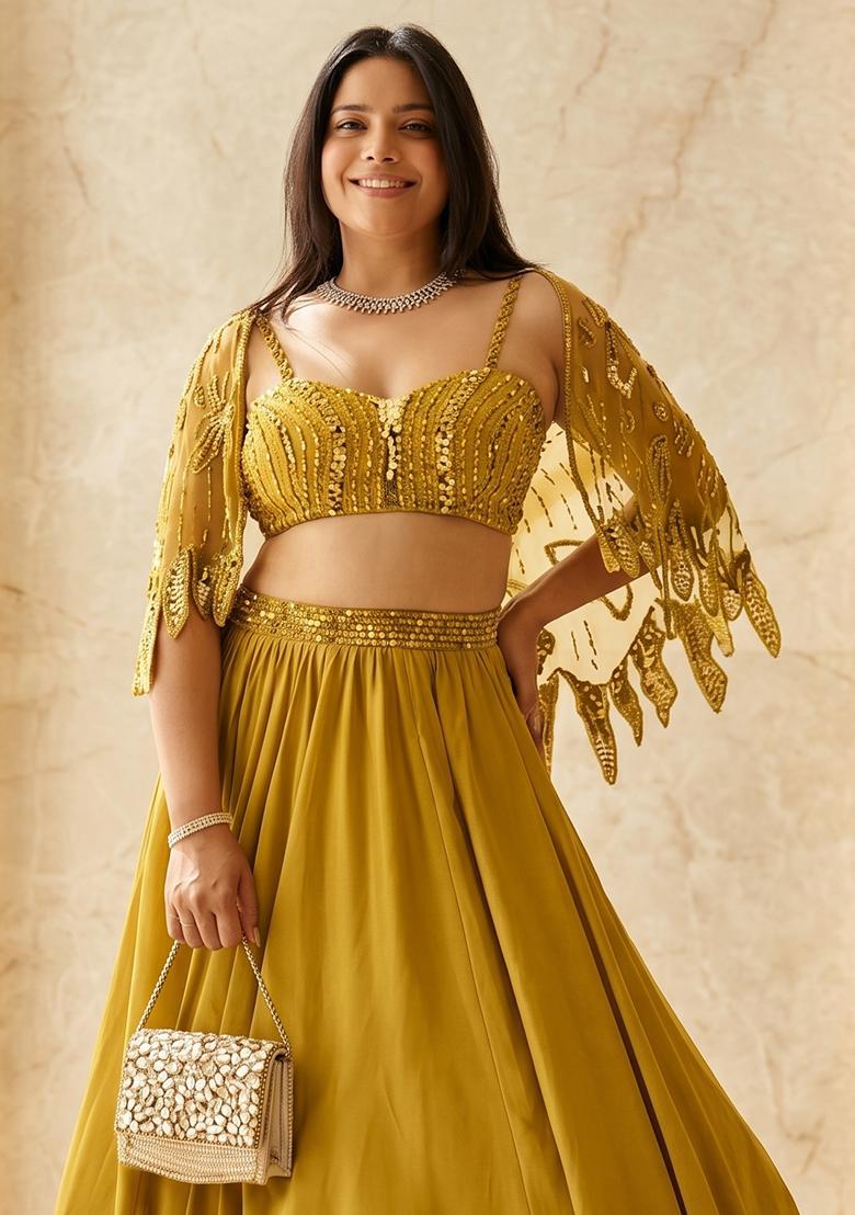 Mustard Yellow Embroidered Handwork Lehenga Set - Indya