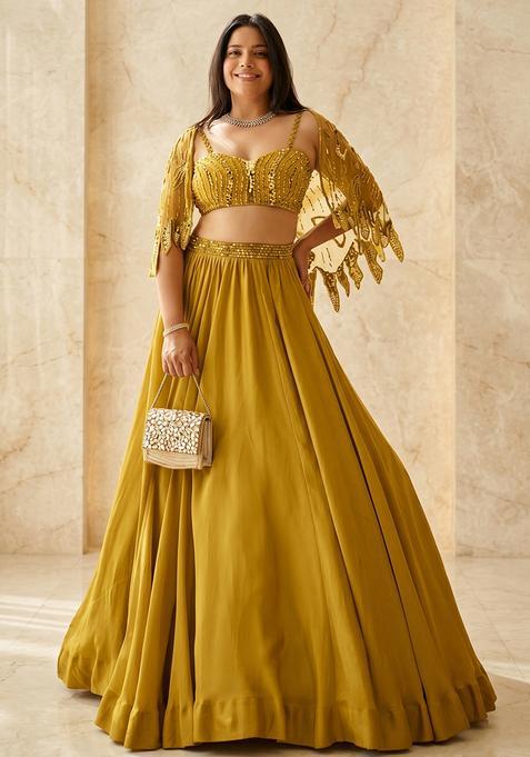 Mustard Yellow Embroidered Handwork Lehenga Set