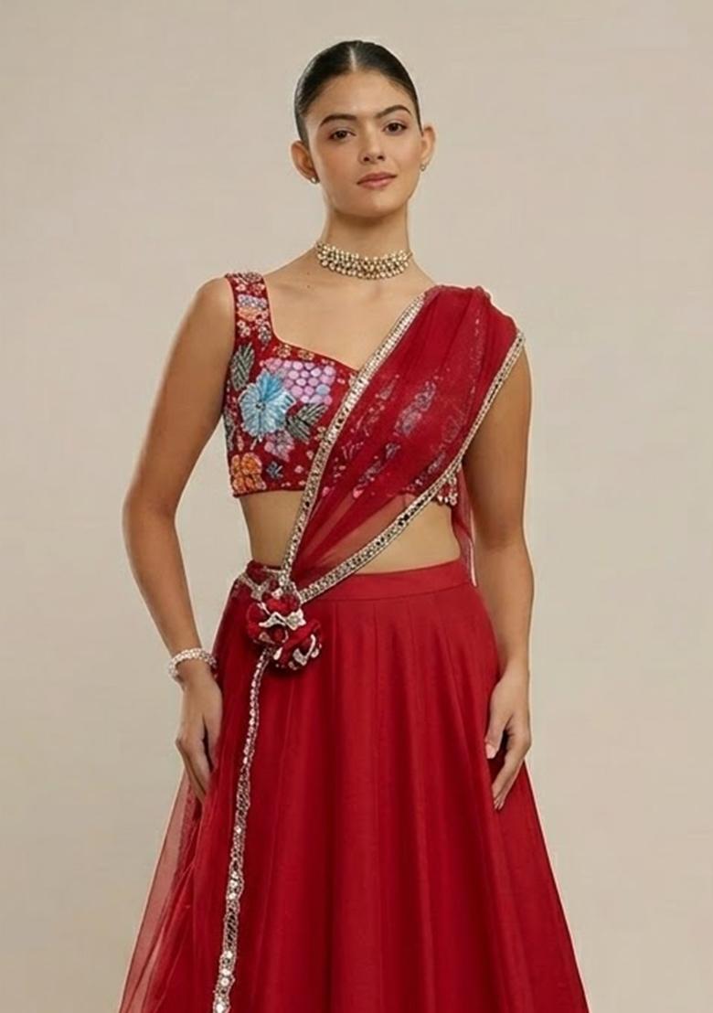 Red Printed Lehenga Set - Indya