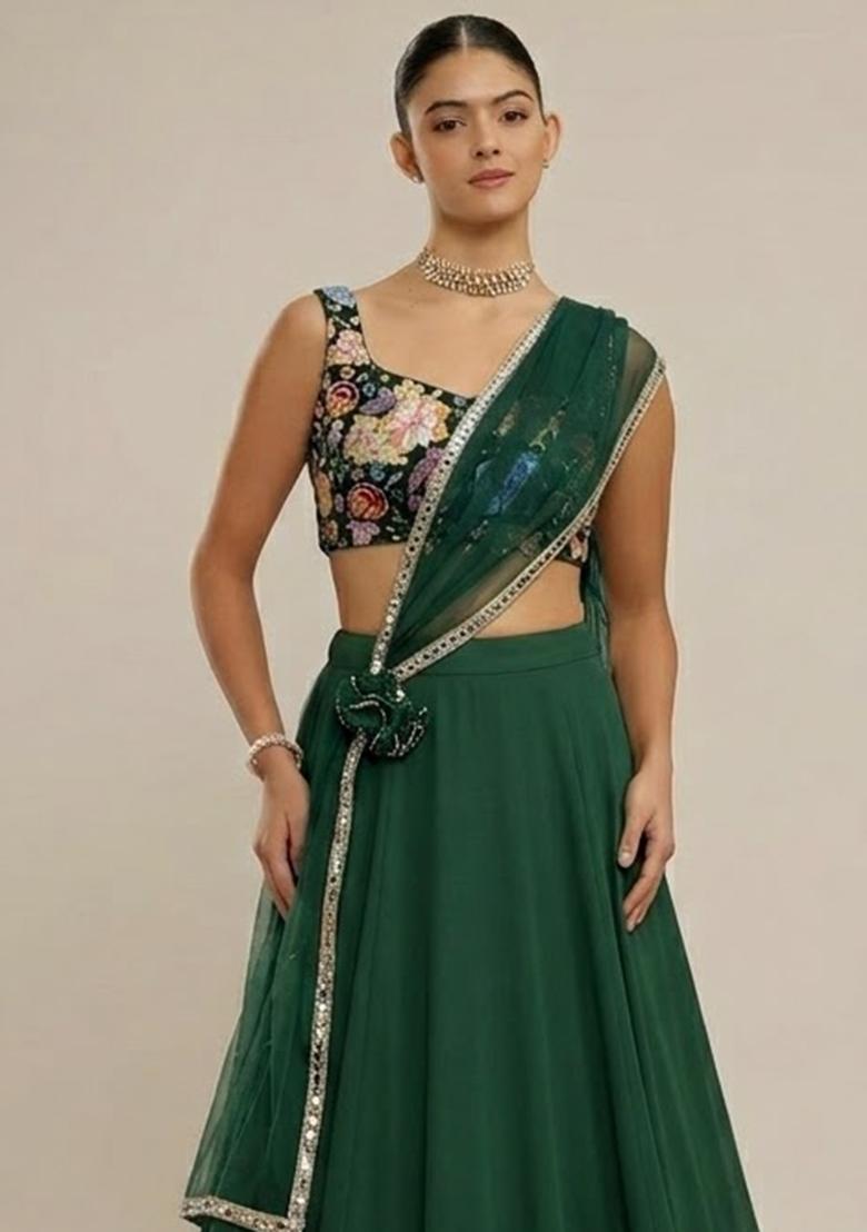 Bottle Green Printed Lehenga Set - Indya