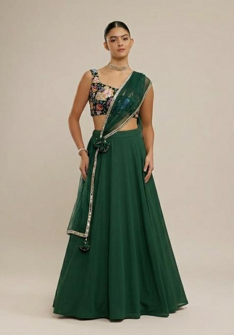 Bottle Green Printed Lehenga Set