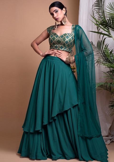 Dark Teal Zari Silk Lehenga Set