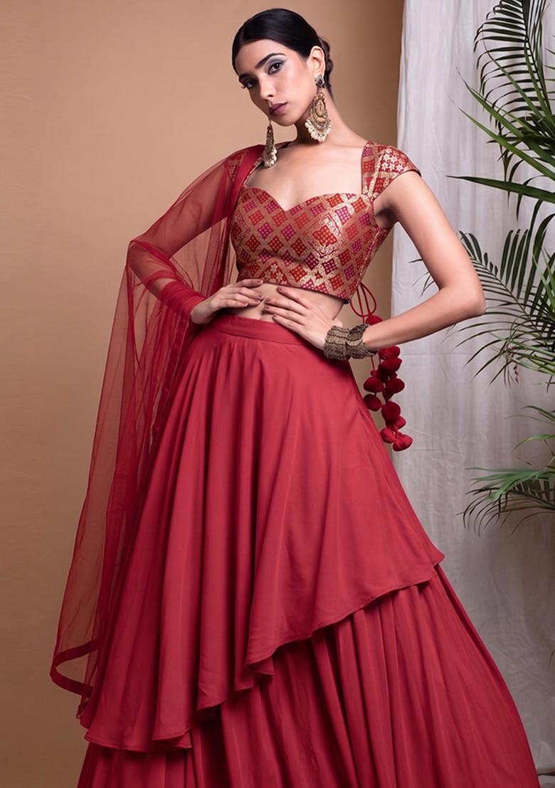 Red Zari Silk Blend Lehenga Set - Indya