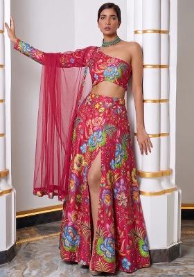 Multicolor Printed Chinon Lehenga Set