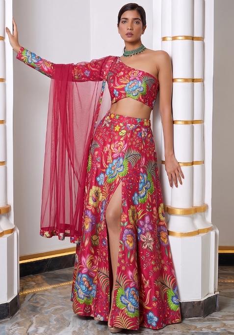 Multicolor Printed Chinon Lehenga Set