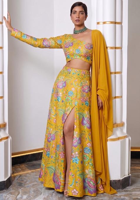 Yellow Printed Chinon Lehenga Set