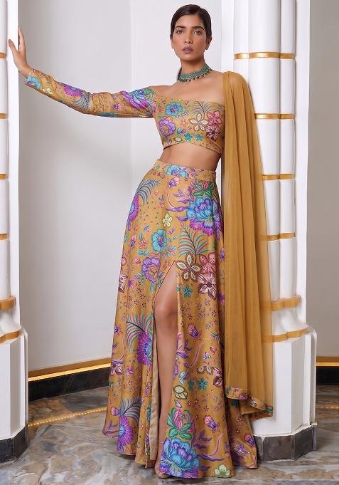 Multicolor Printed Chinon Lehenga Set