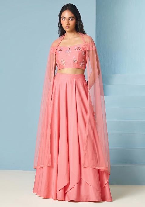 Soft Pink Embroidered Chanderi Lehenga Set