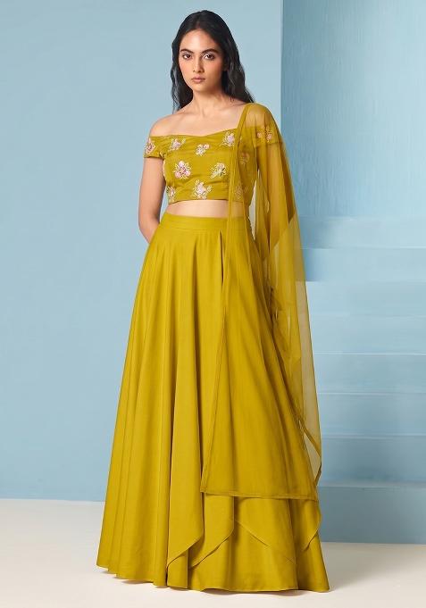 Lime Green Embroidered Chanderi Lehenga Set