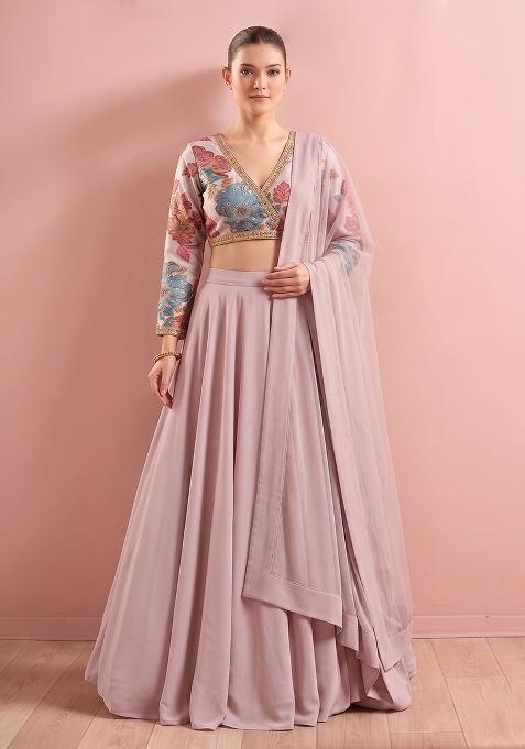 Pastel Pink Printed Organza Lehenga Set