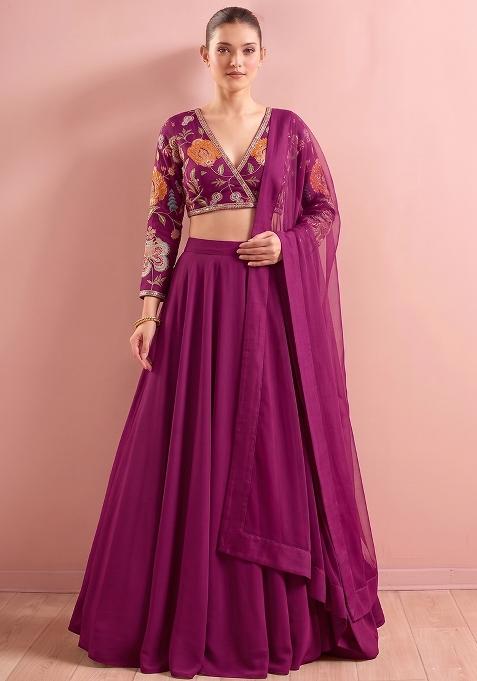 Magenta Printed Organza Lehenga Set