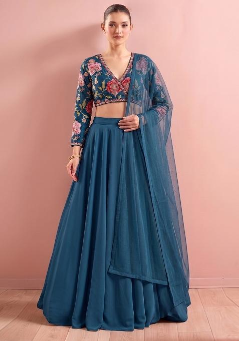 Blue Printed Organza Lehenga Set