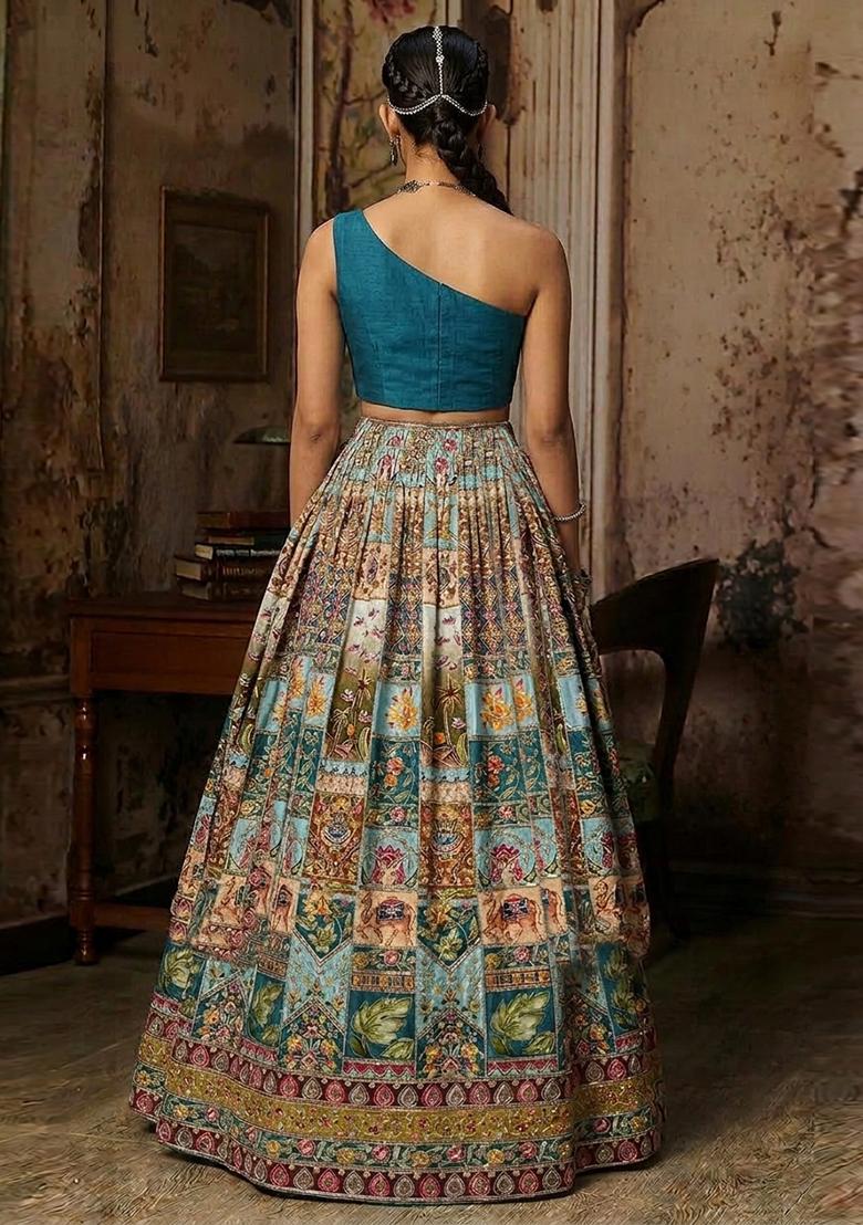 Blue Printed Crepe Lehenga Set - Indya
