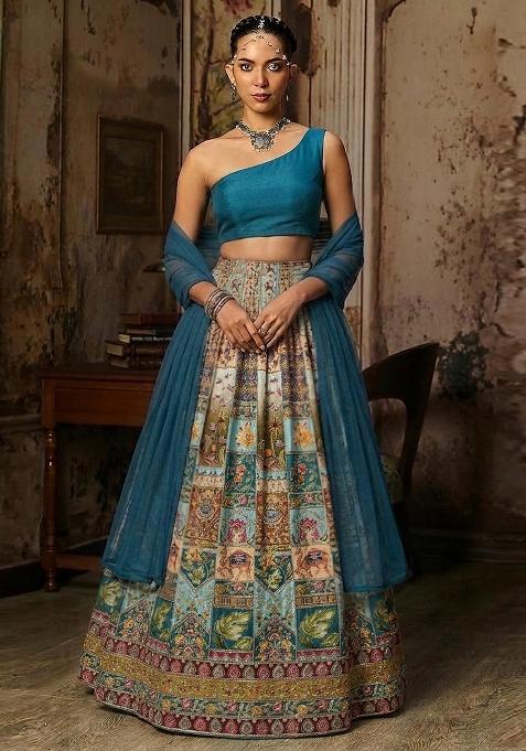 Blue Printed Crepe Lehenga Set