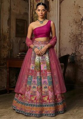 Dark Pink Printed Crepe Lehenga Set