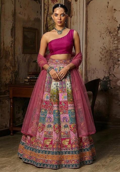 Dark Pink Printed Crepe Lehenga Set