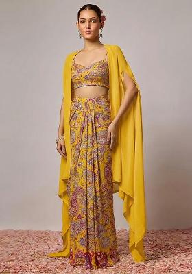 Yellow Printed Crepe Fusion Set