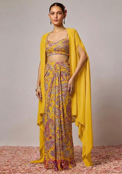 Yellow Printed Crepe Fusion Set