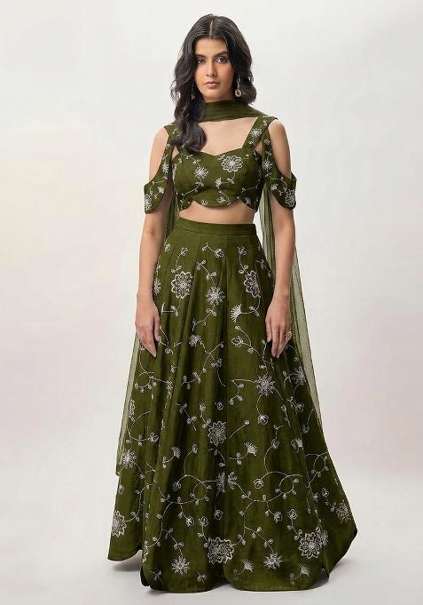 Dark Green Embroidered Silk Lehenga Set