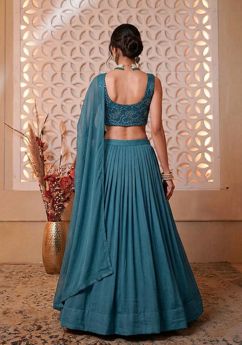 Teal Blue Mirror Work Viscose Lehenga Set - Indya