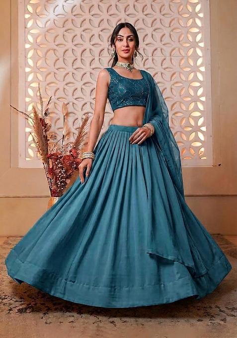 Teal Blue Mirror Work Viscose Lehenga Set