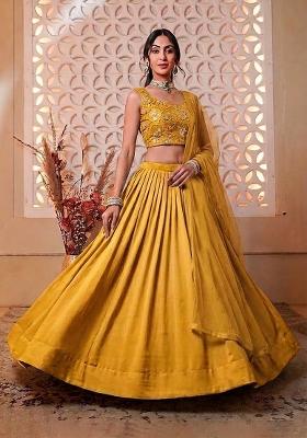 Mustard Yellow Embroidered Net Lehenga Set