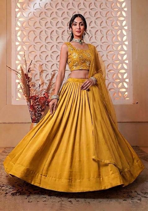 Mustard Yellow Embroidered Net Lehenga Set