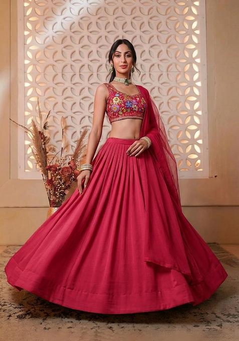 Red Printed Chinon Lehenga Set
