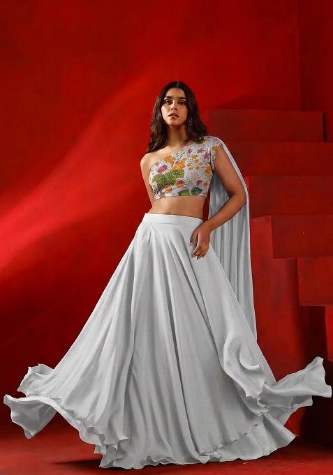 Off White Printed Organza Lehenga Set