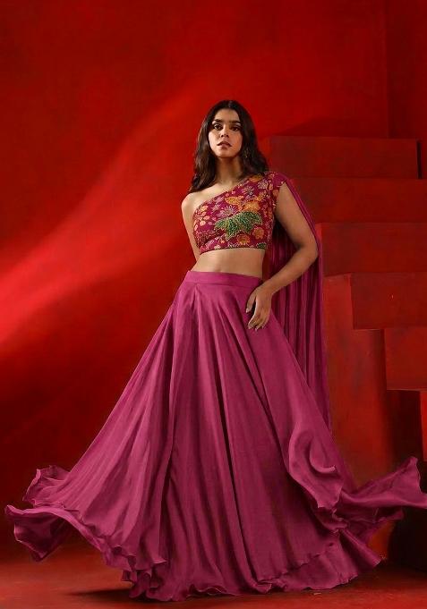 Magenta Printed Organza Lehenga Set