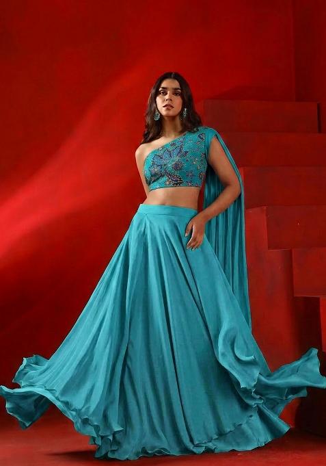 Blue Printed Organza Lehenga Set